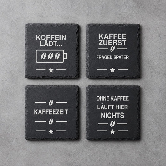 Schieferuntersetzer Kaffee – 4er Set graviert | Geschenk für Kaffeeliebhaber und Kaffeefans