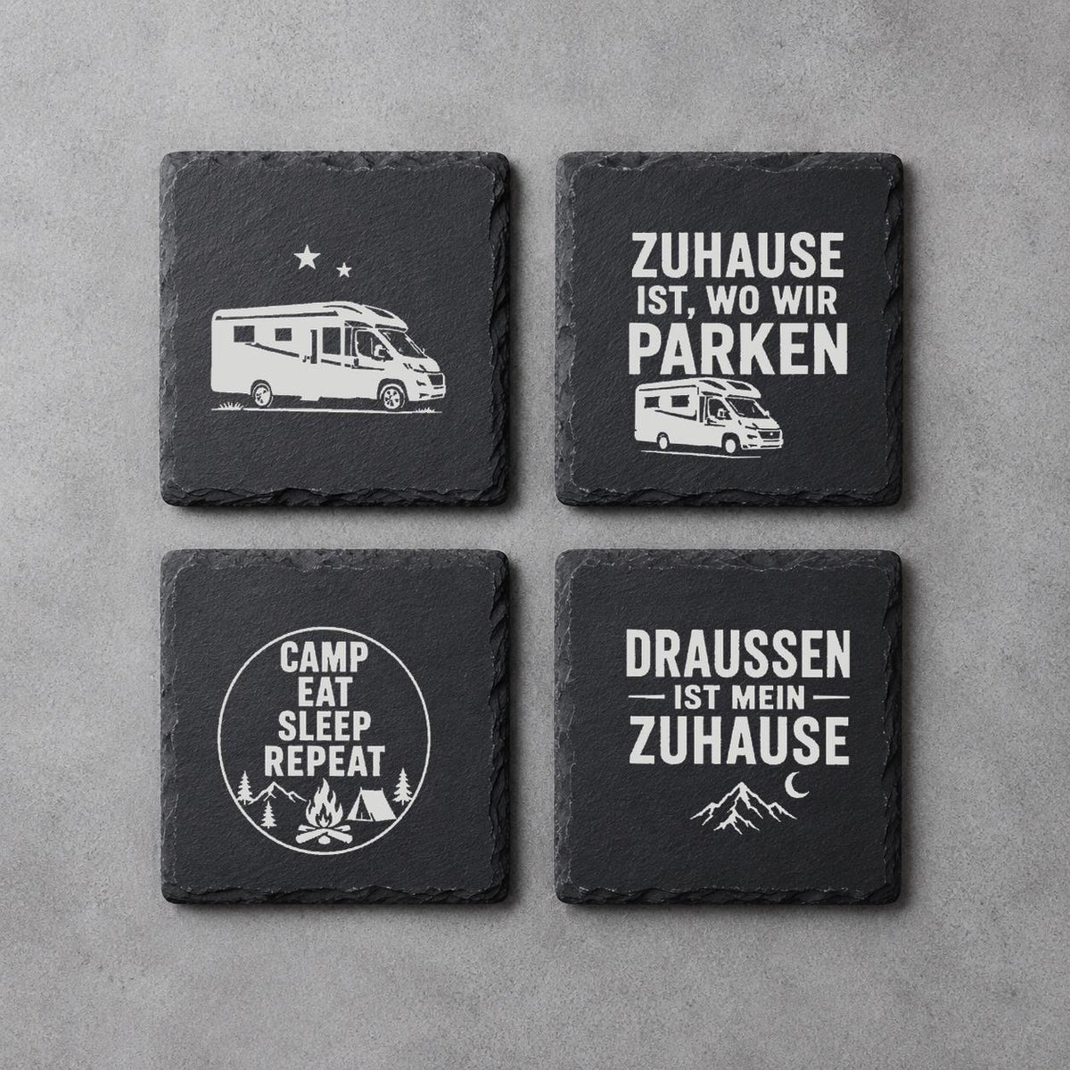 Schieferuntersetzer Camping und Wohnmobil – 4er Set graviert | Geschenk für Camper
