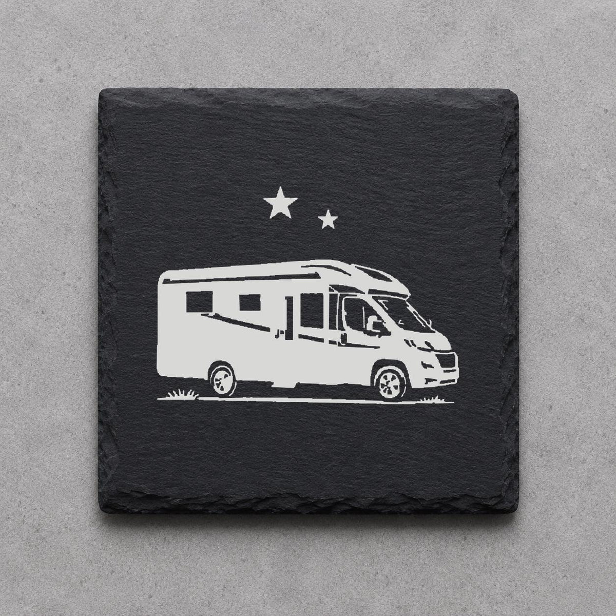 Schieferuntersetzer Camping und Wohnmobil – 4er Set graviert | Geschenk für Camper