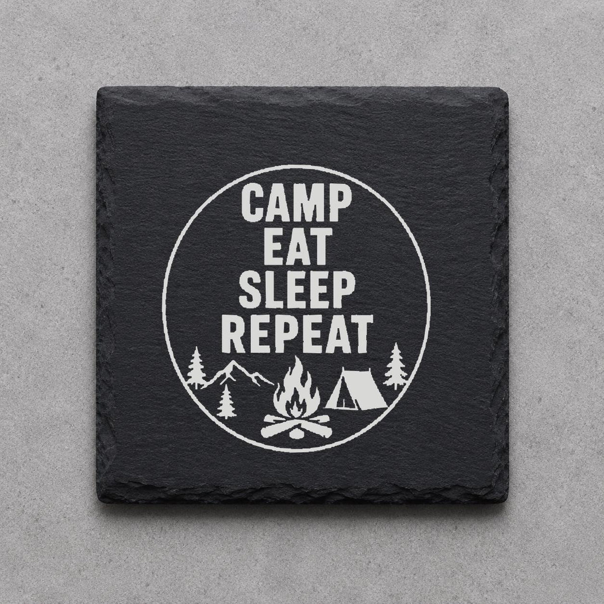 Schieferuntersetzer Camping und Wohnmobil – 4er Set graviert | Geschenk für Camper