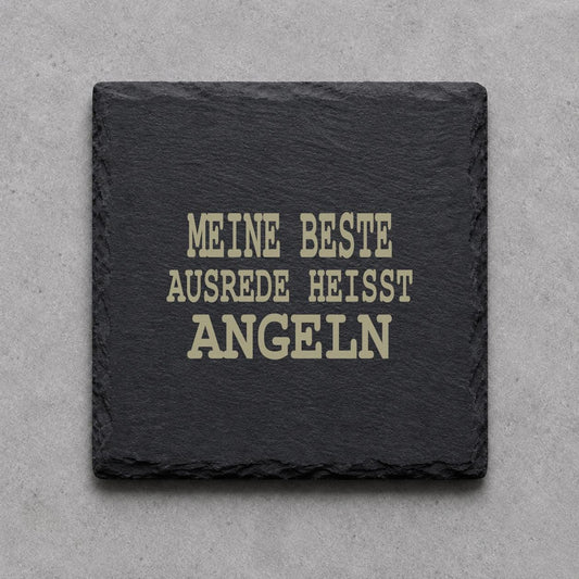 Schieferuntersetzer „Meine beste Ausrede heißt Angeln“ – gravierter Spruch | Geschenk für Angler