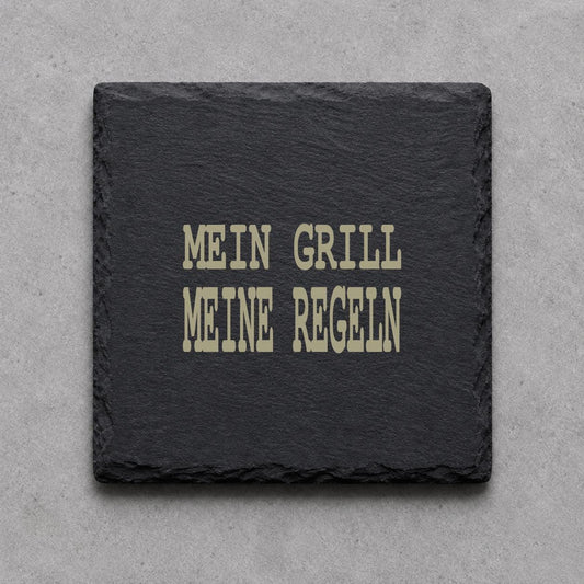 Schieferuntersetzer „Mein Grill, meine Regeln“ – gravierter Spruch | Geschenk für Grillfans