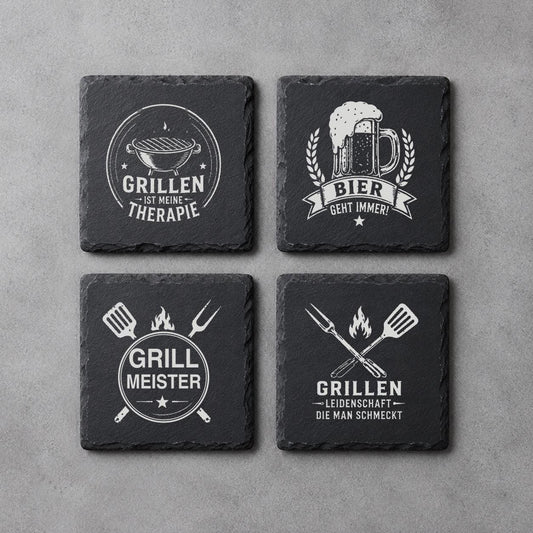 Schieferuntersetzer Grillen und Bier – 4er Set graviert | Geschenk für Grillmeister und Grillfans