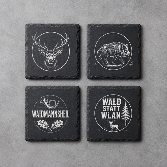 Schieferuntersetzer Jagd – 4er Set graviert | Geschenk für Jäger mit Rothirsch und Wildschwein