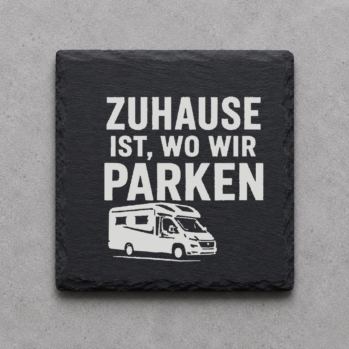 Schieferuntersetzer Camping und Wohnmobil – 4er Set graviert | Geschenk für Camper