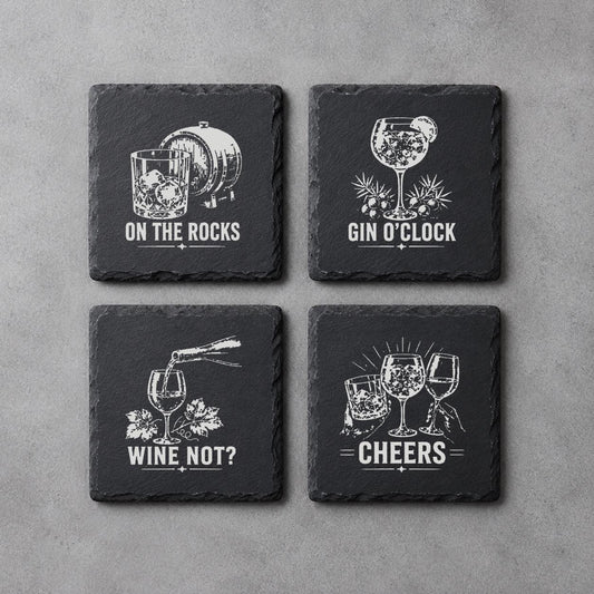 Schieferuntersetzer Whisky Gin und Wein – 4er Set graviert | Geschenk für Bar und Genießer