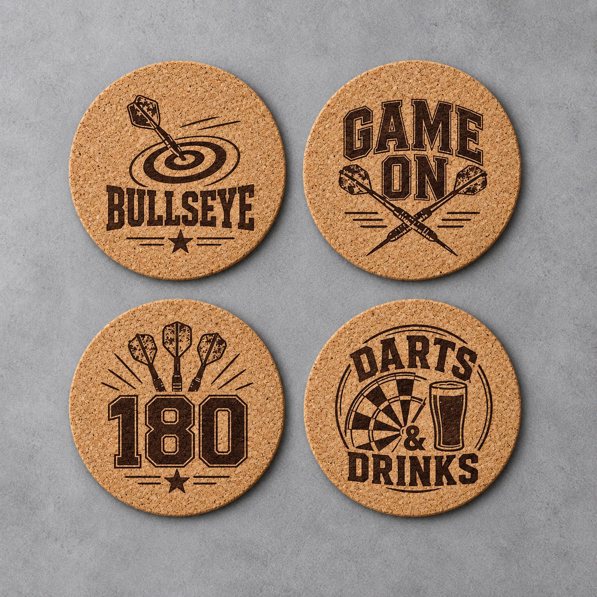 Korkuntersetzer Darts – 4er Set graviert | Geschenk für Dartspieler und Dartfans