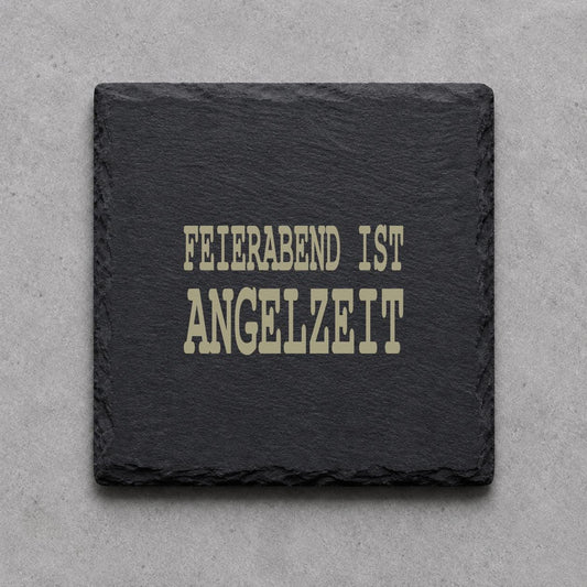 Schieferuntersetzer „Feierabend ist Angelzeit“ – gravierter Spruch | Geschenk für Angler